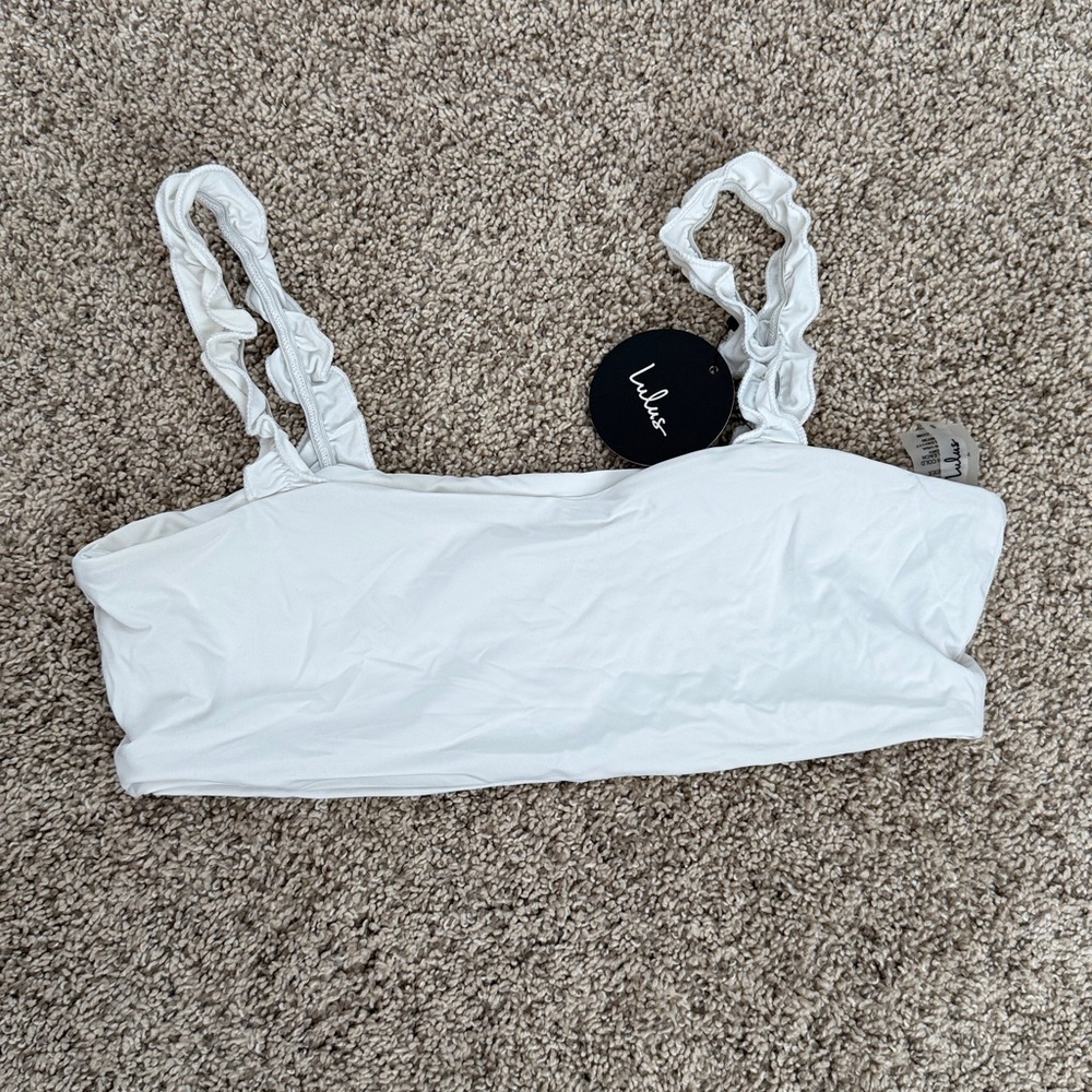 Lulus Ready Or Yacht White Ruffled Square Neck Bikini Top - Size S